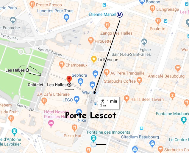 -Depuis le RER les halles ou le métro châtelet les halles (ligne1, 4 , 7, 11, 14 accessible) prendre la rue des Halles, la rue Pierre Lescot pour se rendre devant la porte Lescot (entrée du dôme des halles) près de place de la Fontaine des innocents