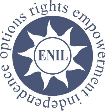 Logo de l'ENIL (au centre d'une étoile entourée d'un rond à fond bleu. Options, rights, empowerment, independence.
