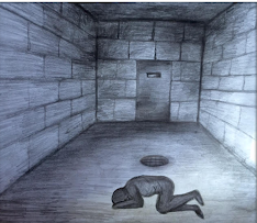 Salle d'isolement ("Time out") en institutions. Le dessin représente une salle aux murs en béton, de couleur grise, une personne est au centre prostrée en position de foetus