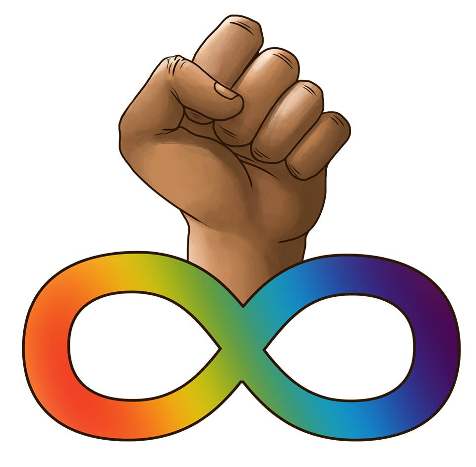 Symbole de la neurodiversité multicolore avec un poing levé.
