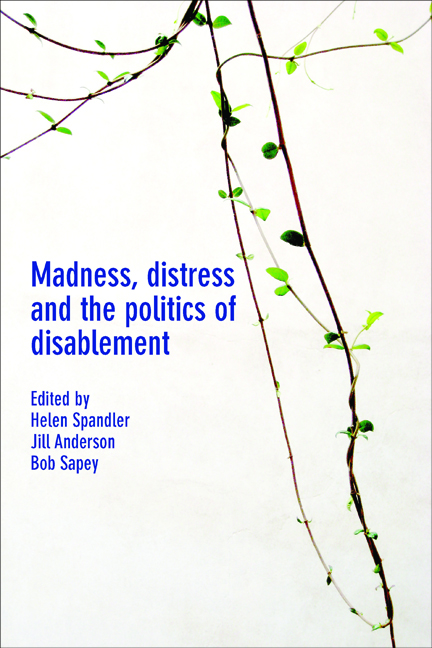 Couverture du livre Madness, Distress and the politics of disablement. Edited by Helen Splander, Jill Anderson, Bob Sapey. Des tiges de plantes vertes illustrent la couverture.